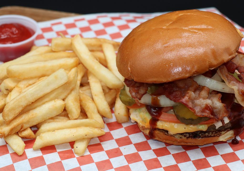 Bbq Bacon Burger · Angus patty, glazed bacon with BBQ sauce, caramelized onions, lettuce, tomato, pickles, and American cheese. Served with fries.