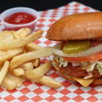 Fried Chicken Burger · Fried chicken breast, mayo, lettuce, tomato, onion, pickles, and American cheese. Served wit...
