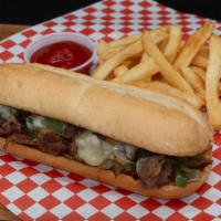 Philly Steak · Philly beef steak, ranch, grilled onion, green peppers, provolone cheese, and hoagie bun. Se...