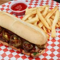 Mickey'S Philly Steak · Spicy. Philly beef steak, bacon, BBQ sauce, grilled onion, green peppers, mushrooms, jalapeñ...
