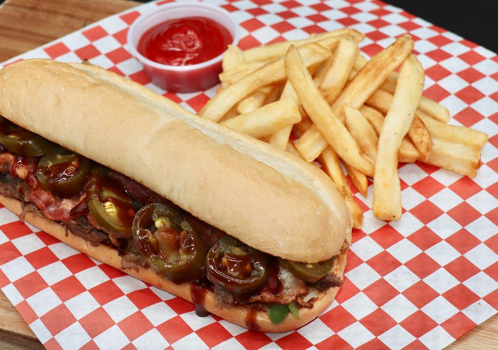 Mickey'S Philly Steak · Spicy. Philly beef steak, bacon, BBQ sauce, grilled onion, green peppers, mushrooms, jalapeño, provolone cheese, and hoagie bun. Served with fries.