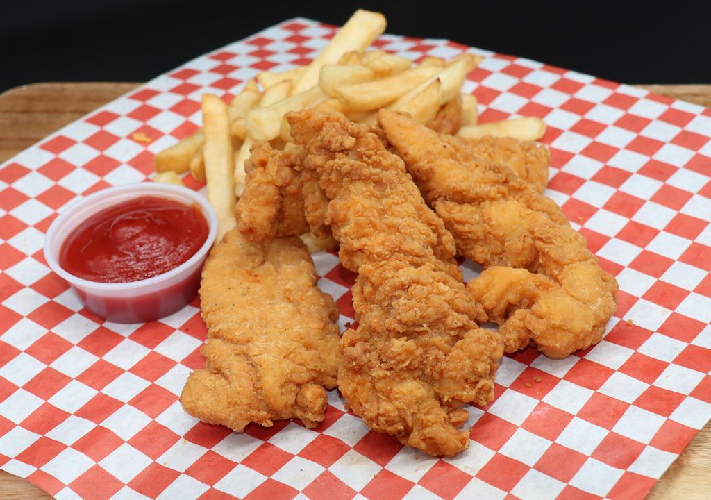 Chicken Tenders · Deep-fried chicken tenders, served with choice of BBQ, ranch, honey mustard, and buffalo.