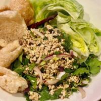 Larb (Chicken Or Tofu) · Spice.Minced chicken or tofu with red onions, cilantro, scallions, mint, ground toasted rice...