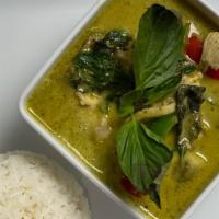 Green Curry · Thai eggplants, bell peppers and basil. Medium hot.