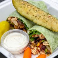 Grilled Chicken Santa Fe Wrap · Grilled chicken, black beans, corn, tomato, spinach, shredded cheese & cucumber ranch dressi...