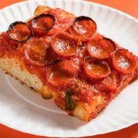Freddy Pepperoni Sicilian Slice · Upside down Sicilian with fresh mozzarella, Grande mozzarella, slow cooked tomato sauce, Pec...