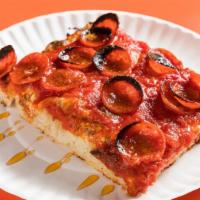 Hellboy Squared  · Upside down Sicilian with fresh mozzarella, Grande mozzarella, slow cooked tomato sauce, Pec...
