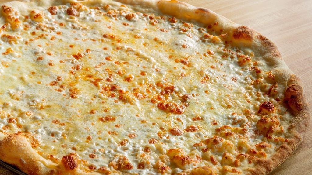 The Mootz Pie · Fresh mozzarella, Grande mozzarella, garlic and Pecorino Romano. (no tomato sauce)