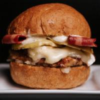 French Chicken Burger · Free-range chicken, manuka honey mustard, grilled green apple, turkey bacon, brie cheese and...