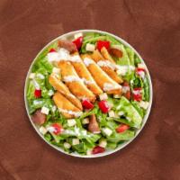 Cajun Chicken Salad · Fresh green lettuce mix, tomatoes, onions, green peppers, black and green olives, and cheese...