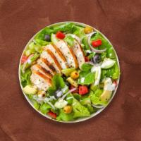 Raspberry Pecan Chicken Salad · Fresh green lettuce mix with grilled chicken, chopped pecans, Mandarin oranges, and crumbled...