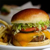 Cheeseburger · House ground chuck, cheddar, mayo, mustard, lettuce, tomato, pickle and onion on a brioche b...