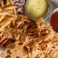 Crispy Tempura Chicken Tender Platter · Tenders, French Fries, Coleslaw, With House-Made Hickory And Dijon Sauce