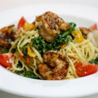 Wood Grilled Gulf Shrimp Pasta · Linguine, white wine lemon butter, fresh spinach, kale, roasted sweet peppers, and house smo...