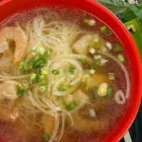Pho Shrimp · Traditional Vietnamese rice noodle soup with shrimp. . Served with bean sprouts, Thai basil,...