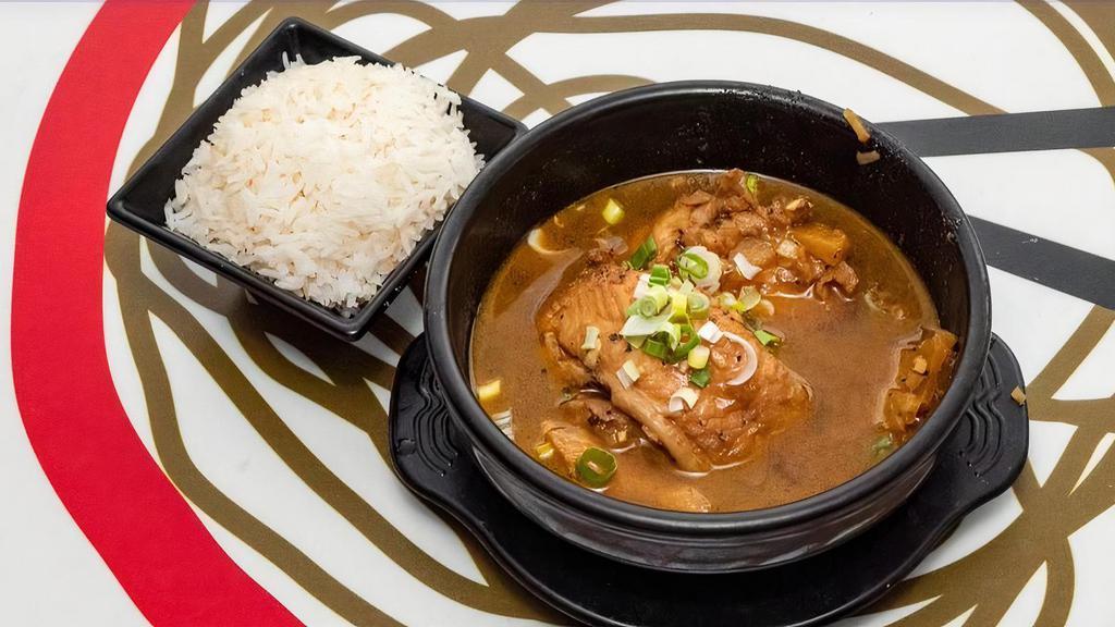 Caramelized Claypot Catfish · catfish in a caramelized pepper sauce with pineapples. Served with steamed jasmine rice. Medium Spicy!