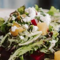 Honey Ginger Beet · Mixed Greens, Toasted Almonds, Goat Cheese, Red Wine Vinaigrette