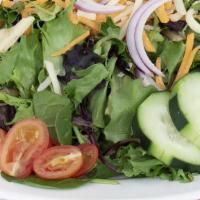 House Salad · Baby Kale Blend, Dates, Cucumber, Red Onion, Tomato, Cheddar Cheese, choice of dressing 
  (...