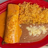 Chipotle Burrito · Chicken or steak burrito covered in a spicy chipotle sauce served with rice and beans.