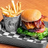 Point Bacon Burger · Half pound burger, lettuce, tomato and onion, served with fries