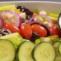 Greek Salad · Our House Salad Topped with Feta Cheese, Black Olives & Pepperoncini's.
