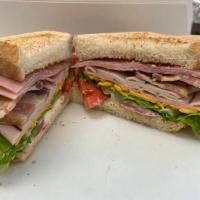 Pullen Club Sandwich · Sliced Turkey, Cooked Ham, NC Thick Cut Bacon, Lettuce, Tomatoes with Mayo on Toasted Texas ...