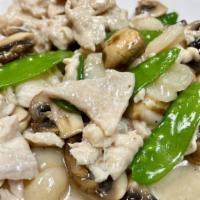 Moo Goo Gai Pan(Gluten Free) · Gluten-free. Stir-fried white meat chicken with snow peas, mushrooms, and water chestnut.