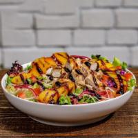 Chargrilled Peach Salad · Chargrilled Chicken | Grilled Peaches | Balsamic Glaze | Pickled Red Onions | Tomatoes | Par...