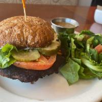 Vegan Burger · Morning star vegan black bean patty, lettuce,tomato,pickles,mustard and vegenaise on a vegan...