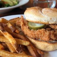 Fried Chicken Sandwich · Fried chicken, mayo & pickles on a whole wheat bun. Served with your choice of side