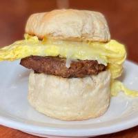 Veggie Sausage, Egg & Cheese Biscuit · Morning star vegetarian breakfast patty with egg and cheese on a house made biscuit.