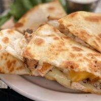 Chicken Quesadilla · Cheese quesadilla with grilled chicken, served with a side of pico de gallo & sour cream.