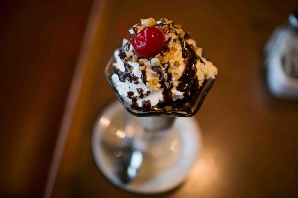 The Cafe Sundae · A classic soda fountain sundae with two scoops of your choice of Chocolate, Strawberry, Mint Chocolate Chip or Vanilla ice cream & layers of hot fudge. We top it with chopped nuts, whipped cream & a cherry.