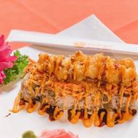Krazy Roll · Cream cheese and cucumber topped with fried calamari and spicy crab with spicy mayonnaise an...