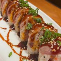 Cowboy Roll (Soy Paper) · Inside: snow crab, spicy crawfish. Top: prime rib-eye beef seared, eel sauce, green onions, ...