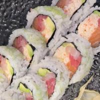 Alligator Roll · Roll contains raw fish. Inside: tuna, salmon, yellow tail, snow crab, avocado. Top: wasabi t...