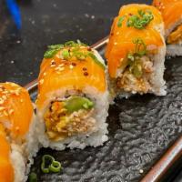Geisha Roll · Roll contains raw fish. Inside: spicy crawfish, snow crab, avocado. Top: salmon, green onion...