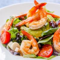 Jojo'S Salad · Avocado, grilled shrimp, tomatoes, and hearts of palm on a bed of mixed greens. tossed with ...
