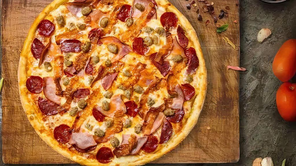Meat Feast (18 Inch) (Xx-Large) · A magnificent meat medley with pepperoni, seasoned ground beef, ham, hand-cut Italian sausage and premium mozzarella.