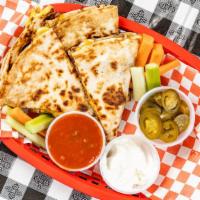Chicken Quesadilla · Grilled Chicken Breast, Onions and 4 Cheeses served with Salsa or Sour Cream)