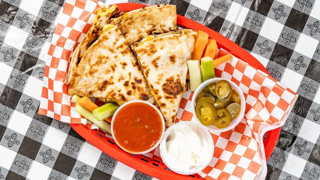 Chicken Quesadilla · Grilled Chicken Breast, Onions and 4 Cheeses served with Salsa or Sour Cream)