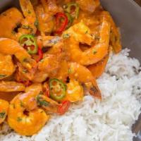 Curry Shrimp With Onions · Served with white rice.
