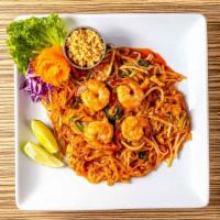 Pad Thai · Stir fried thin rice noodles with your choice of protein, eggs, bean sprouts and scallions i...