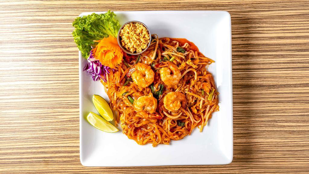 Pad Thai · Stir fried thin rice noodles with your choice of protein, eggs, bean sprouts and scallions in a pad thai sauce topped with ground peanuts.
