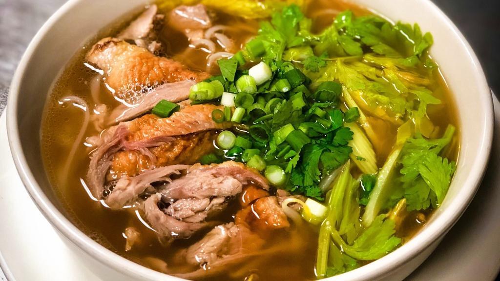 Roasted Duck Noodle Soup · Rice noodles with sliced roasted duck, celery, bean sprouts, cilantro and scallions in a house special broth.