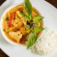 Red Curry  Chicken Or Veggi · Made with coconut milk, bamboo shoots, bell peppers, thai basil. Served with white rice.