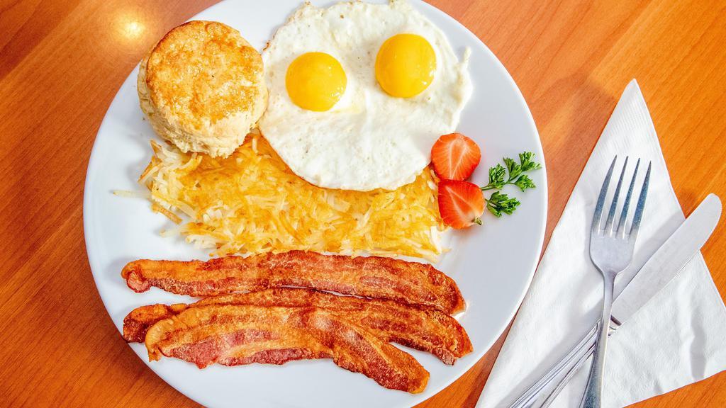 2 Eggs Served Your Way · Daisy Dukes Signature Item. Served with your choice of meat, hash browns or grits, and toast or biscuit.