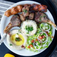 Combination Kabob · 2 pcs lamb chops, Adana kebab, 3 pieces of chicken shish.
