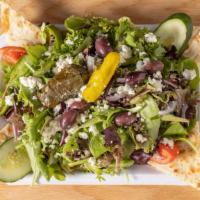 Greek Farmer Salad · Spring mix lettuce, tomatoes, cucumber, red onions, kalamata olives, crumbled feta cheese, p...