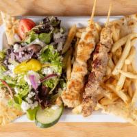 Kabab Platter · Choice of 2 Meats Chicken- Pork- Beef
served with a Greek salad, fries, grilled pita bread a...